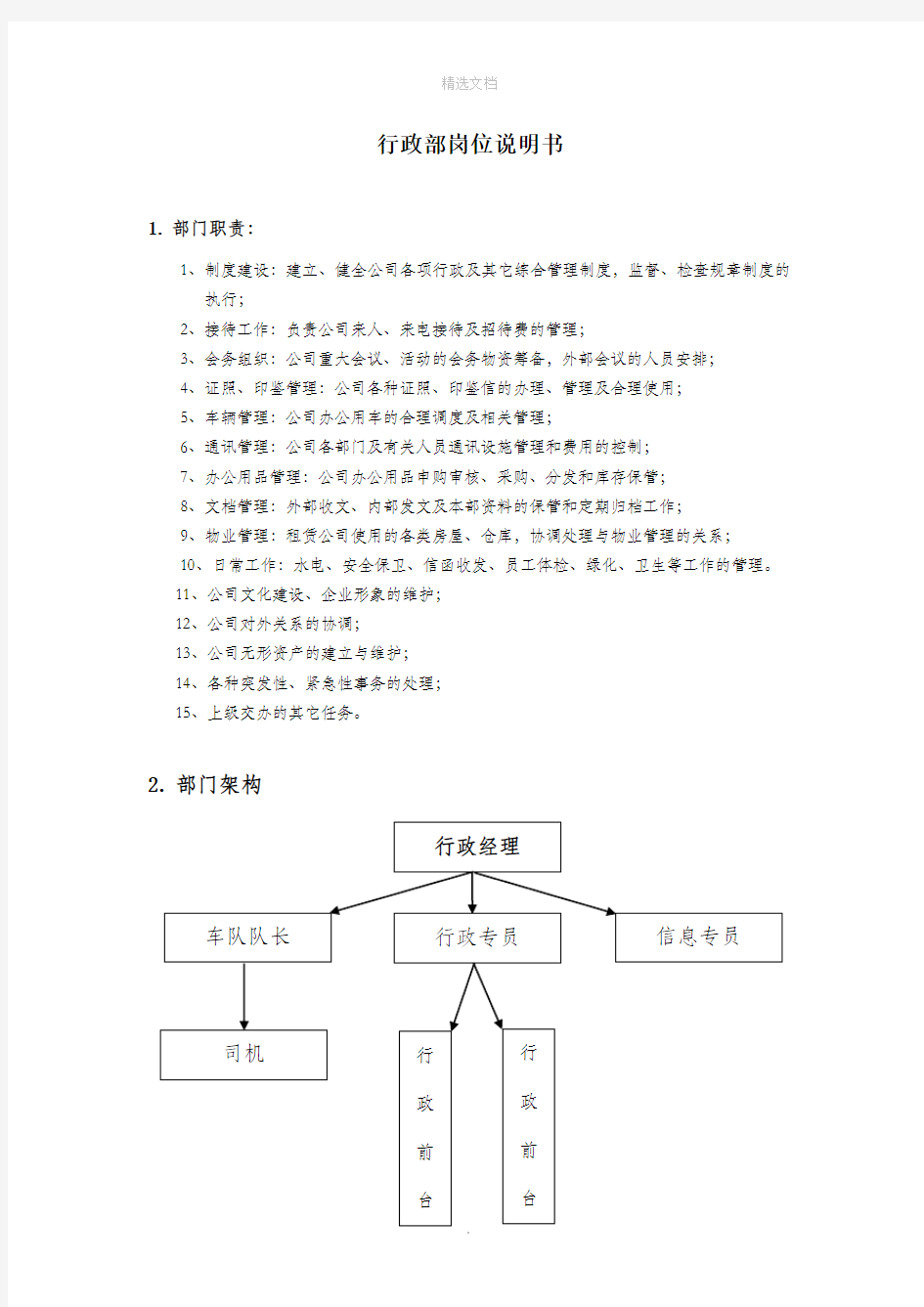 行政部岗位职责说明书