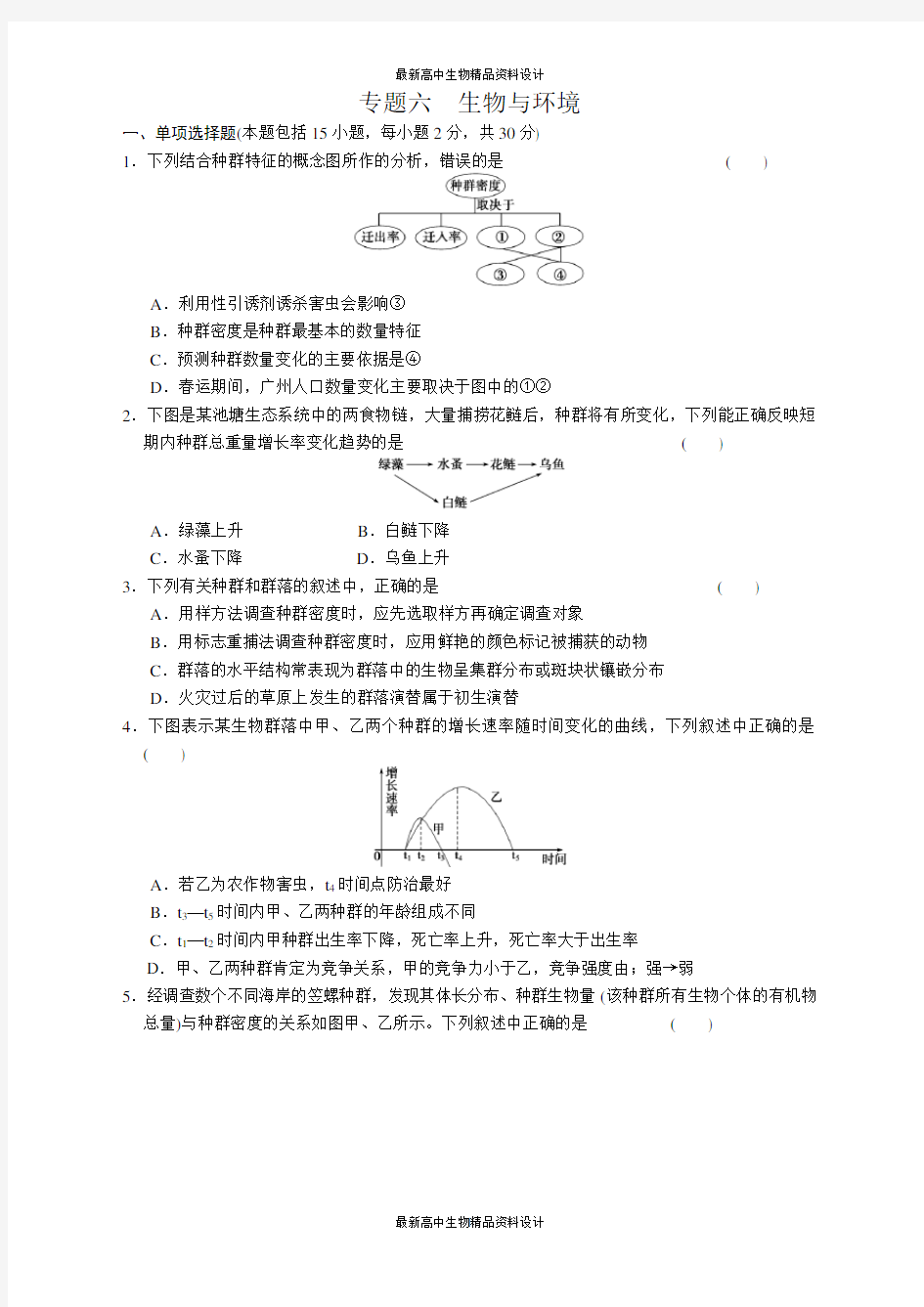 高中生物专题6 生物与环境 训练