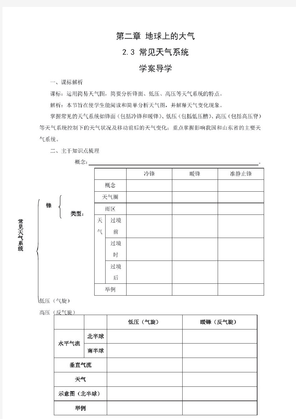 地理23《常见的天气系统》学案新人教版必修