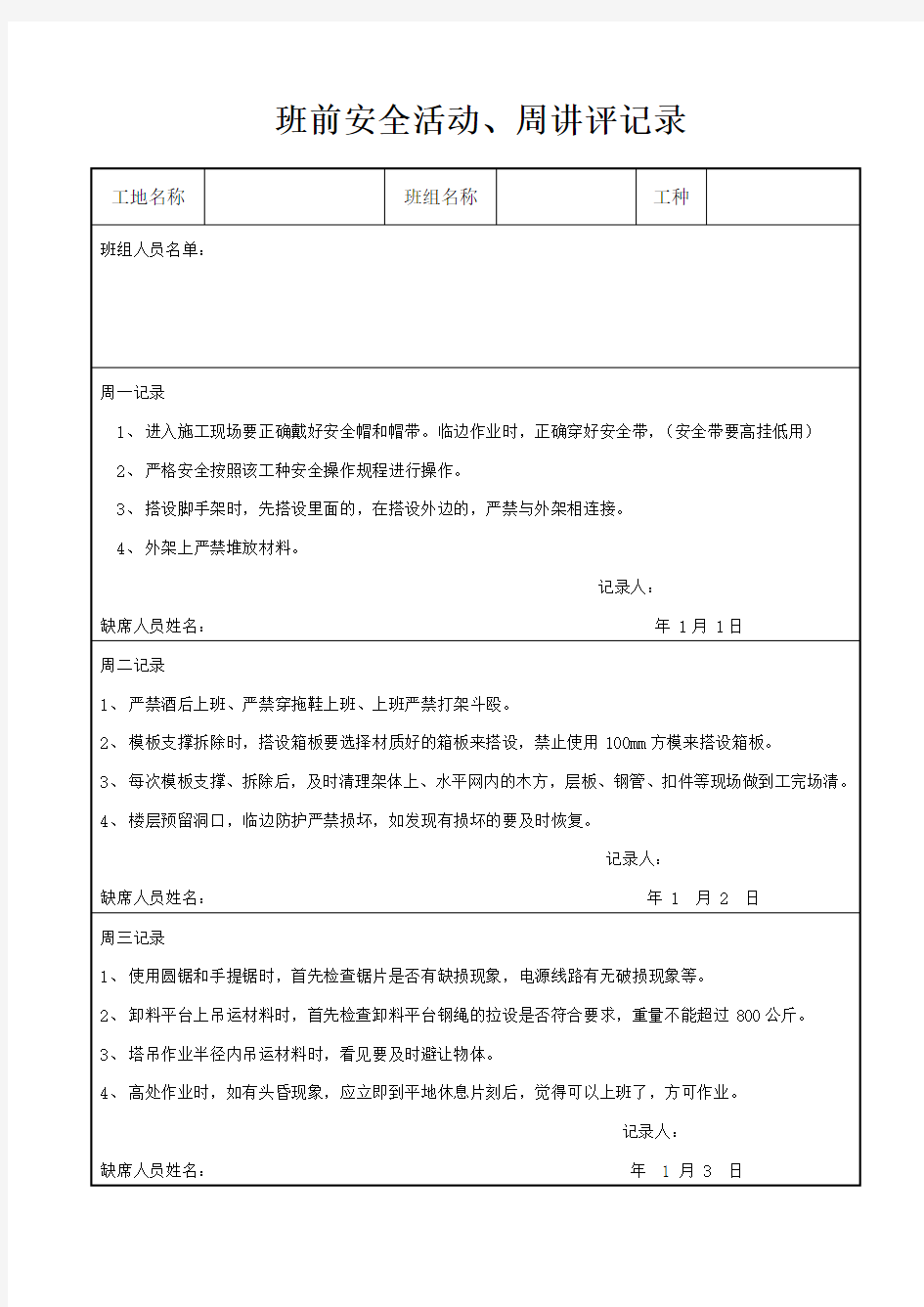 班前安全活动、周讲评记录