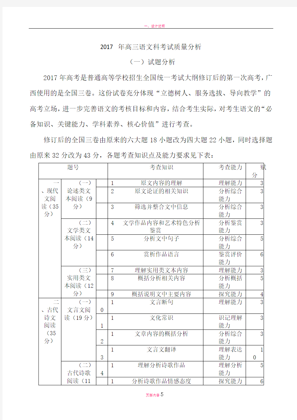 高中语文科考试质量分析