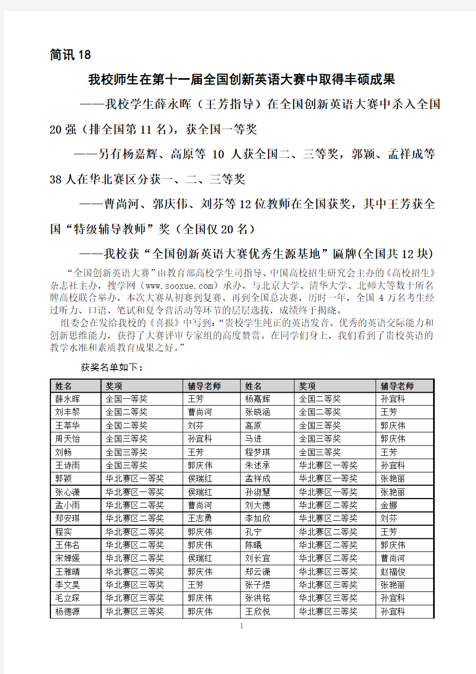 邹城一中在全国创新英语大赛中获奖照片选登