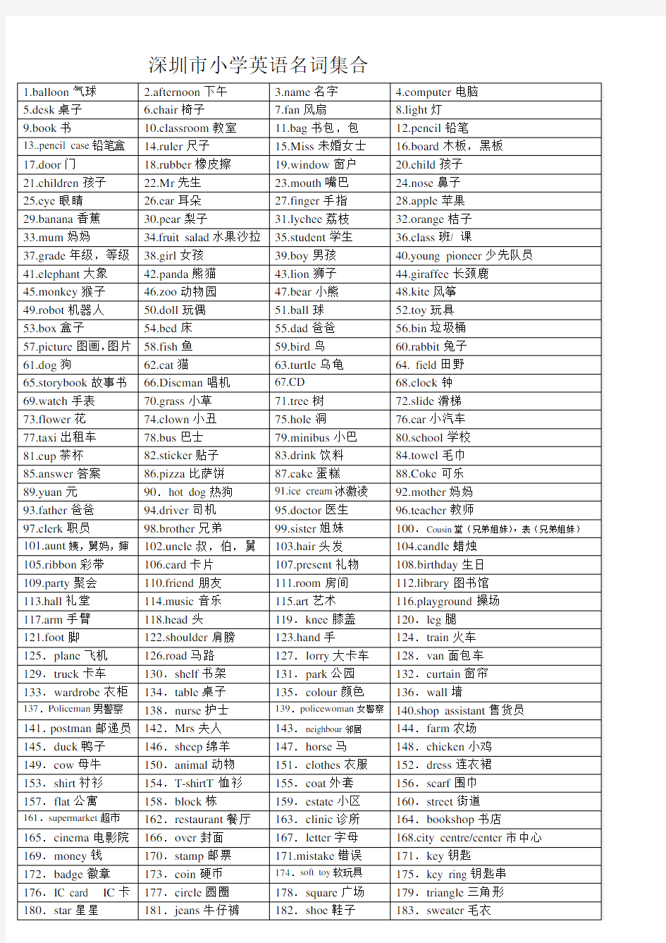 深圳小学英语单词表(中英文)