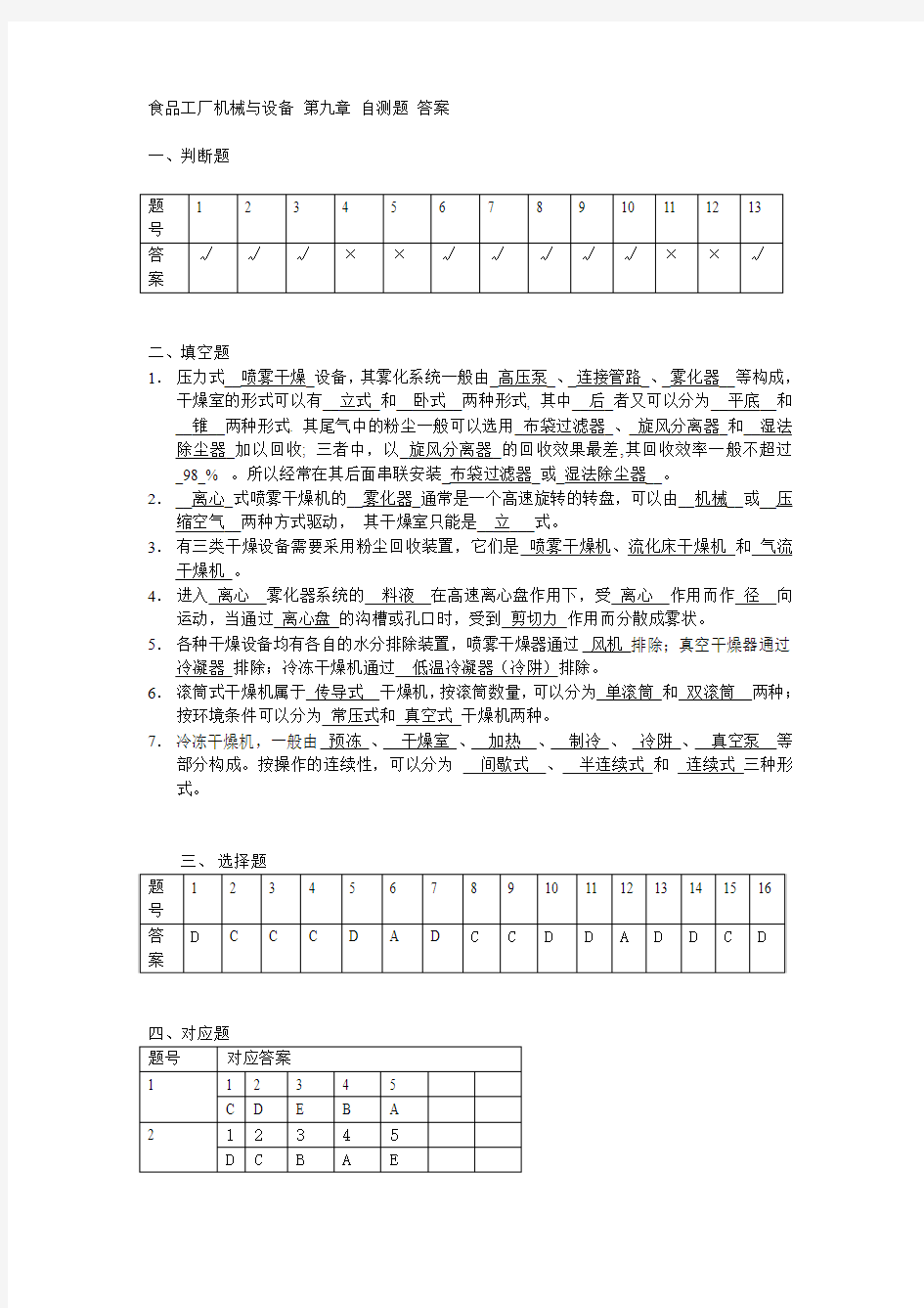 食品工厂机械与设备第九章自测题_答案