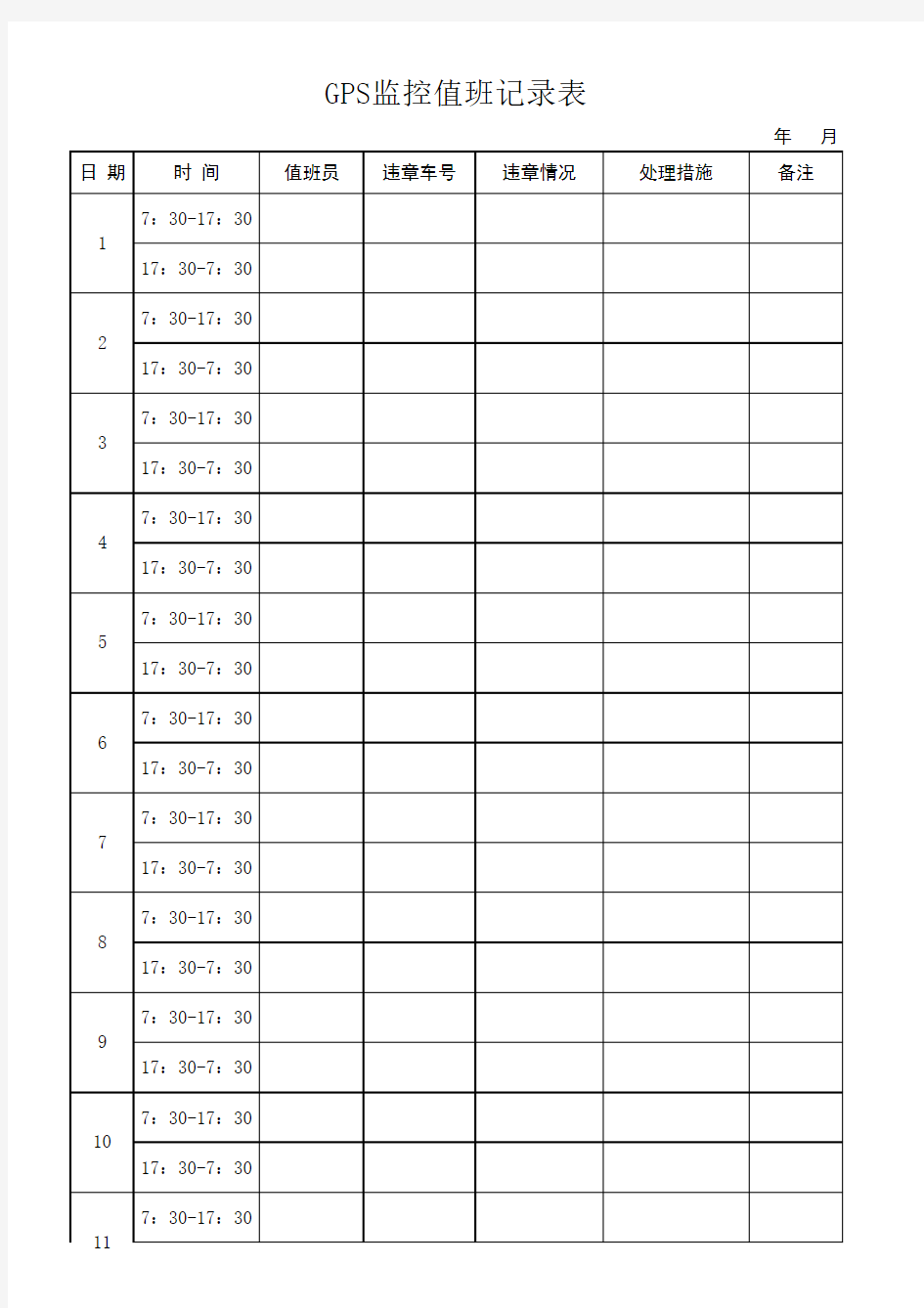 GPS监控记录表