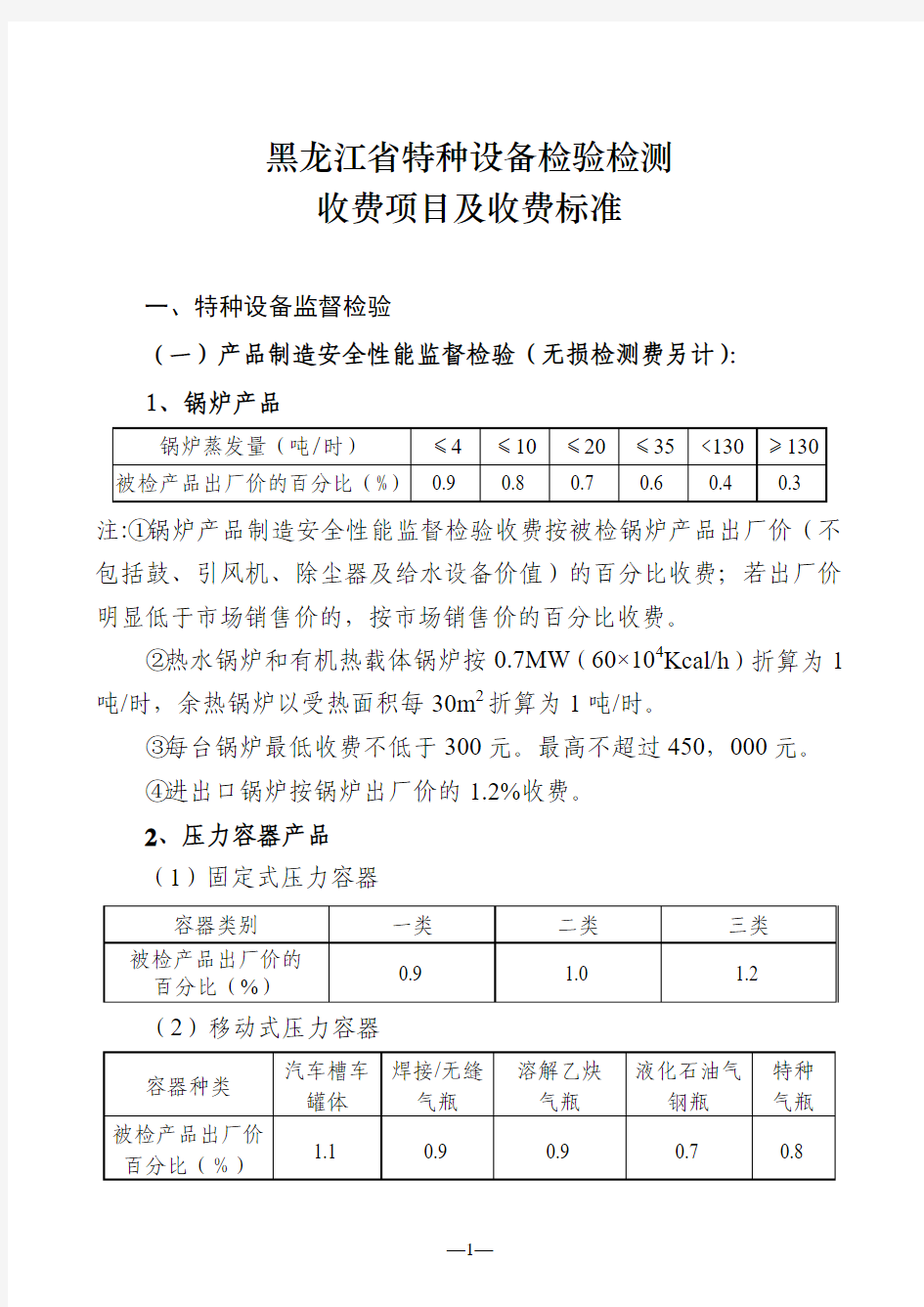 特种设备检测收费标准