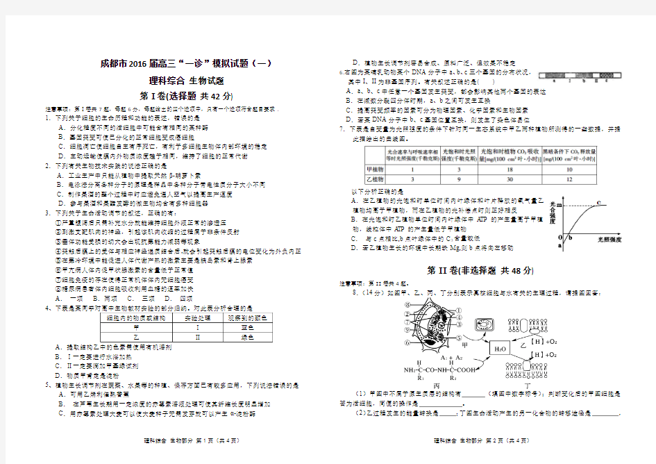 成都市2016届高三“一诊”模拟试题(一)理综生物