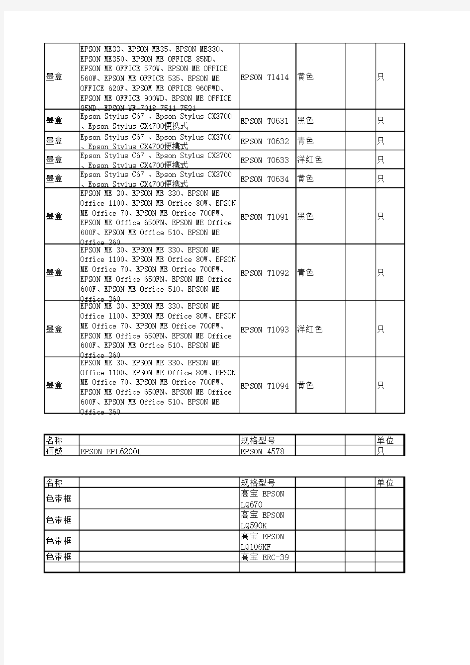 爱普生耗材打印机型号对照表