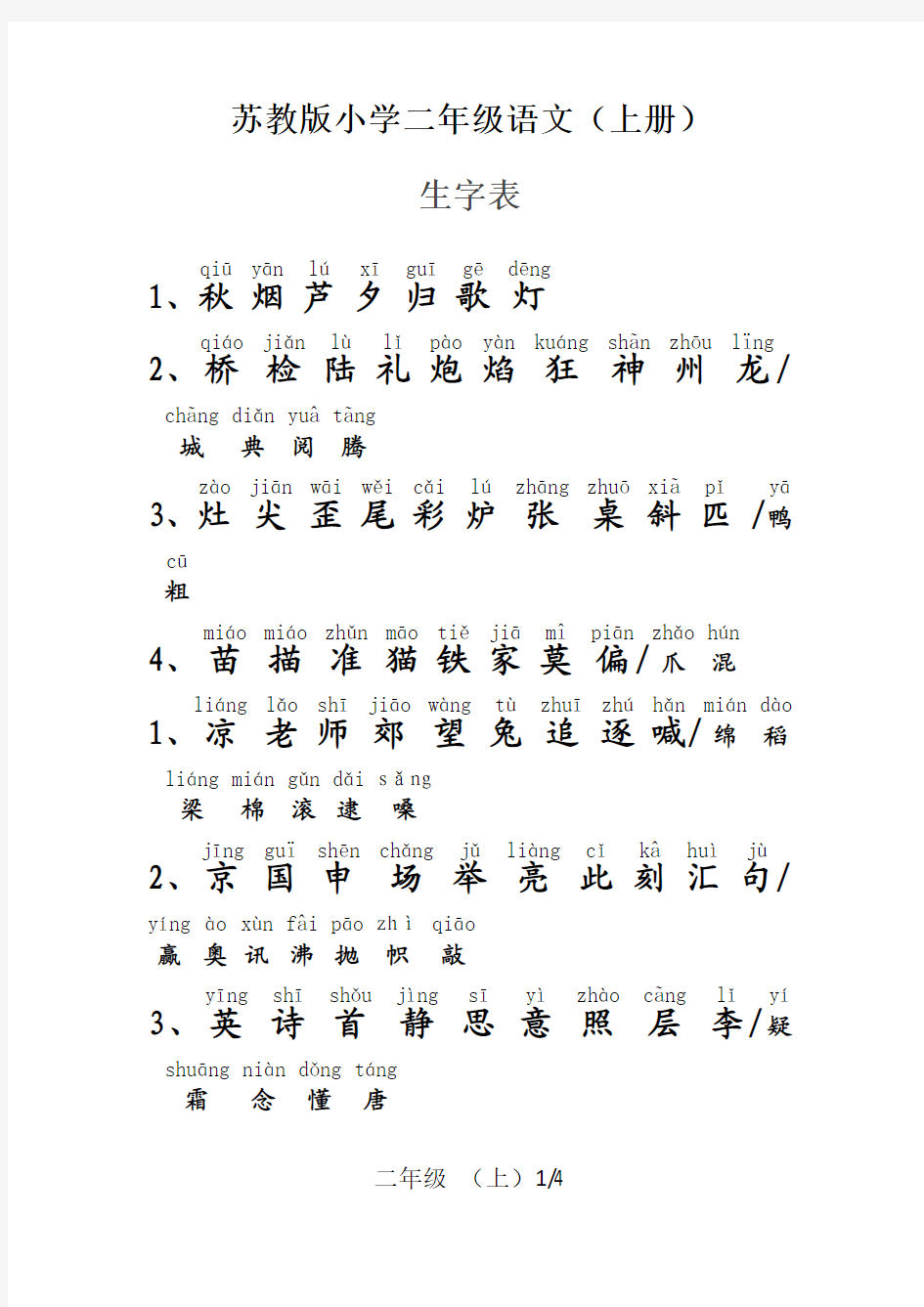 苏教版小学二年级语文上册生字表(含拼音)