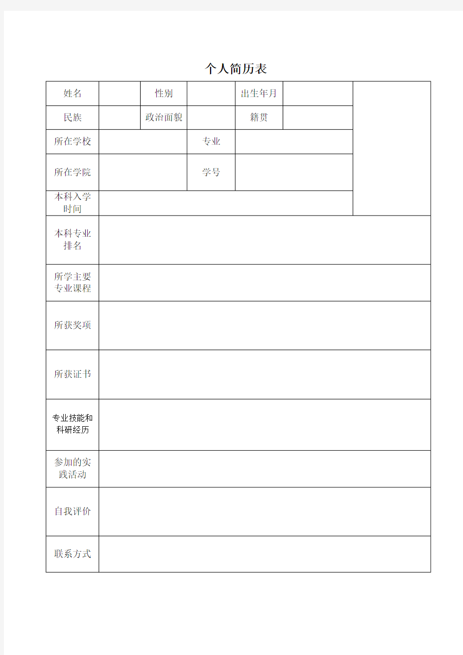 推荐免试硕士研究生个人简历表