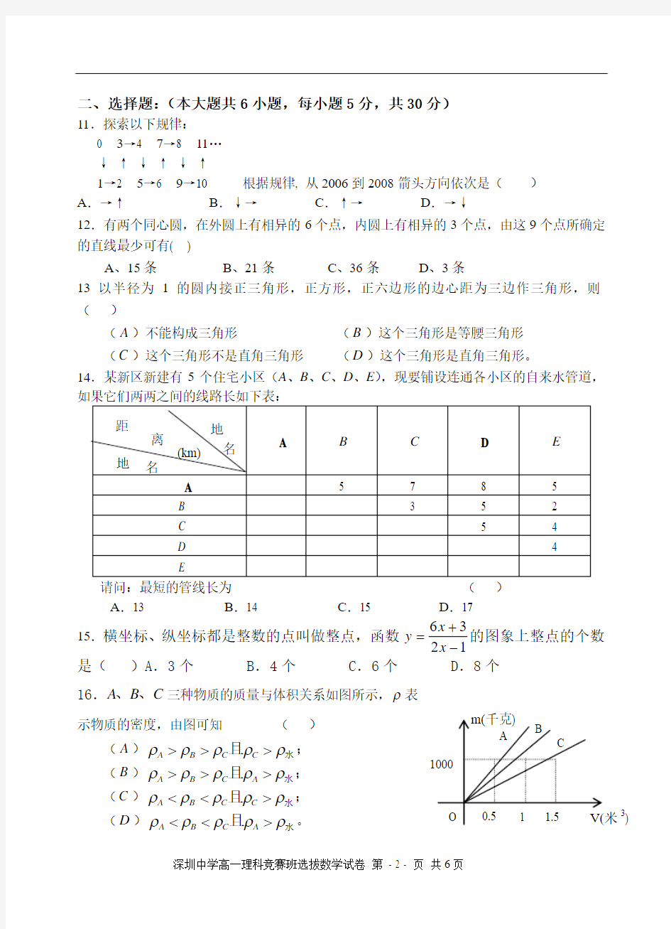 2006年深圳中学高中理科竞赛班招生考试数学试卷7-22