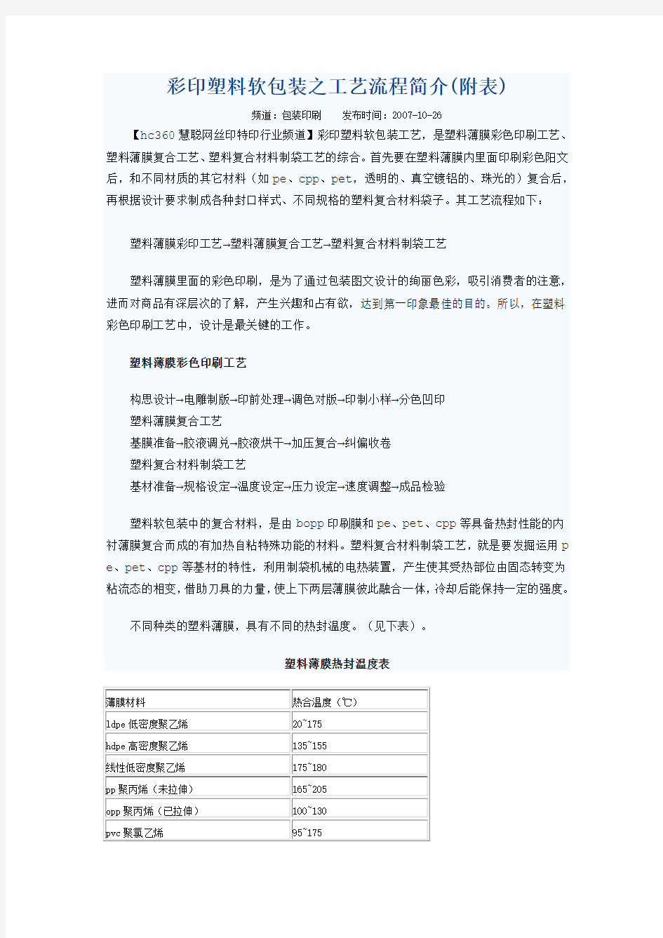 彩印塑料软包装之工艺流程简介