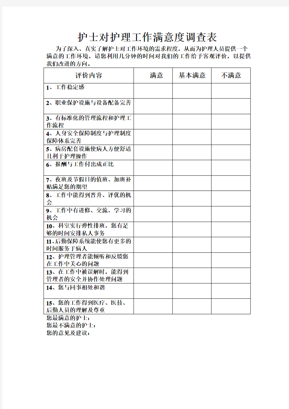 护士对护理工作满意度调查表