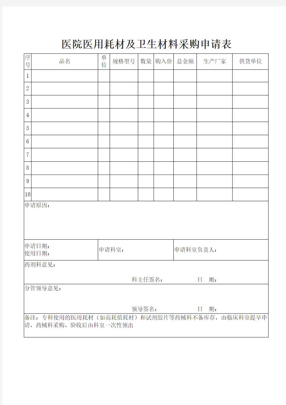 医院医用耗材及卫生材料采购申请表