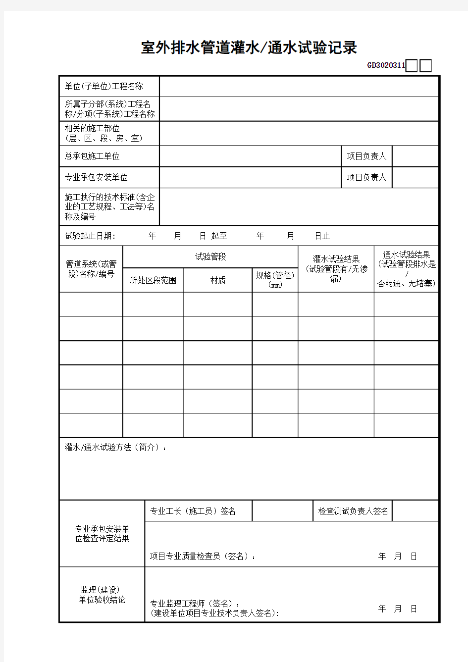 【工程常用表格】室外排水管道灌水—通水试验记录