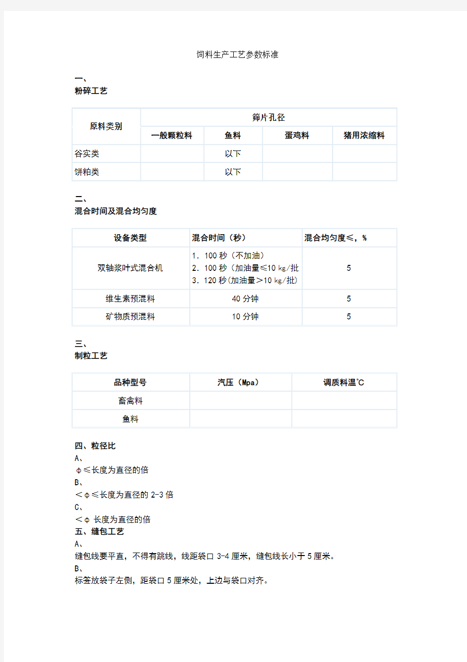 饲料生产工艺参数标准