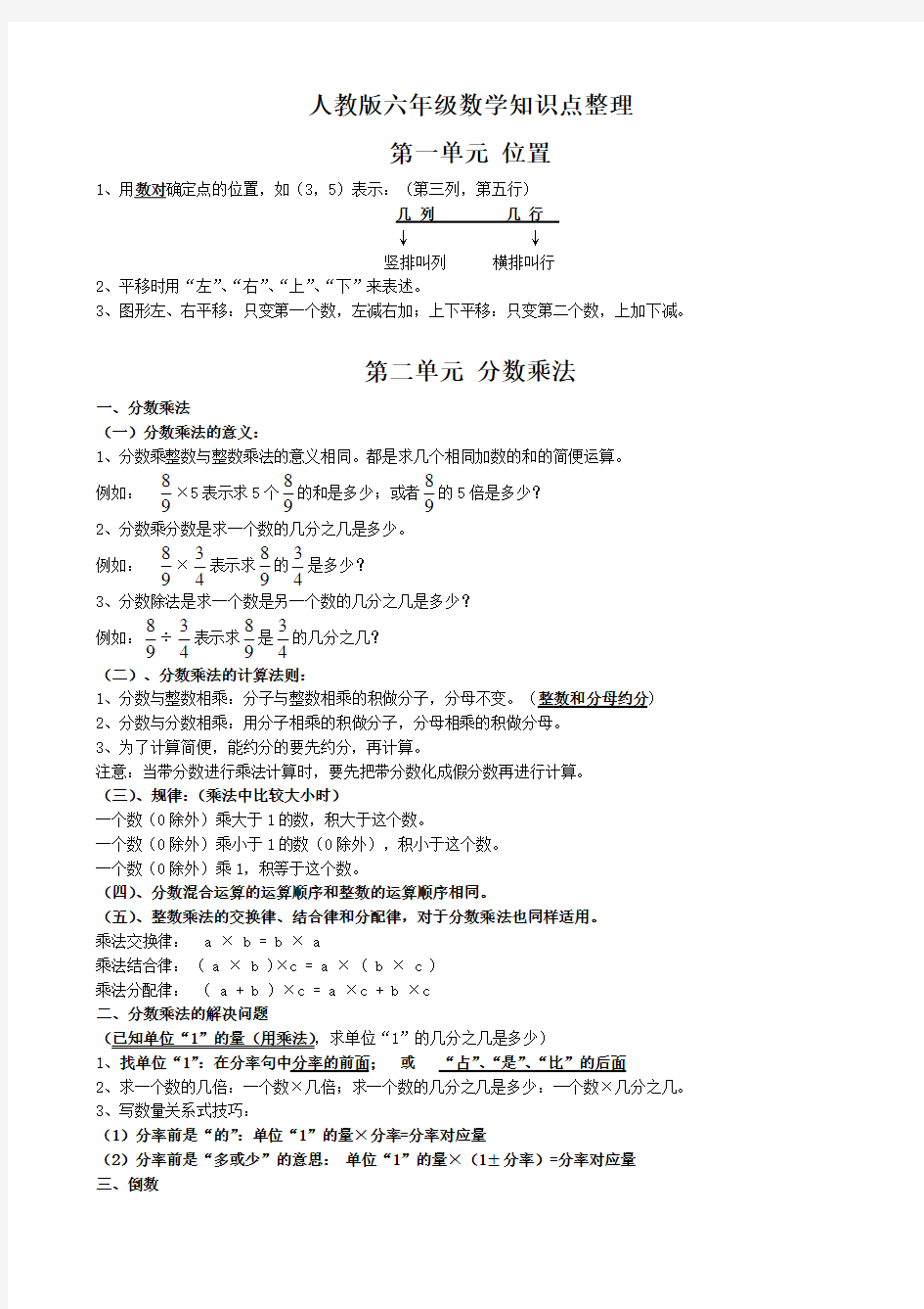 人教版六年级数学知识点整理