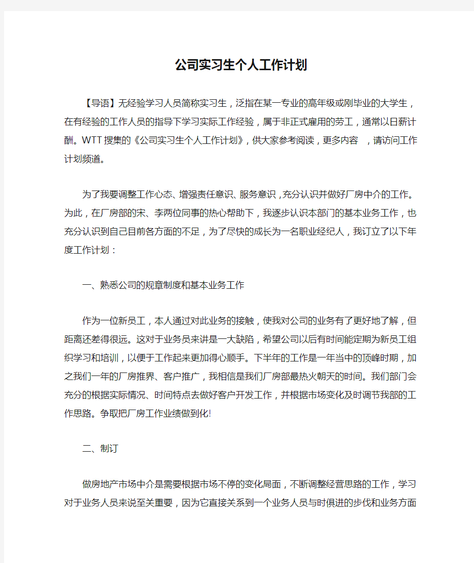 公司实习生个人工作计划