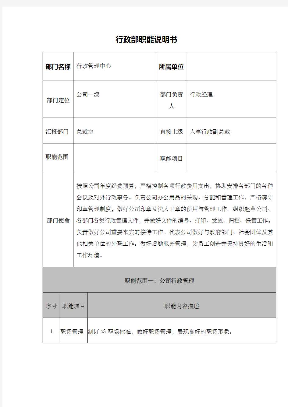 行政部部门职能说明书