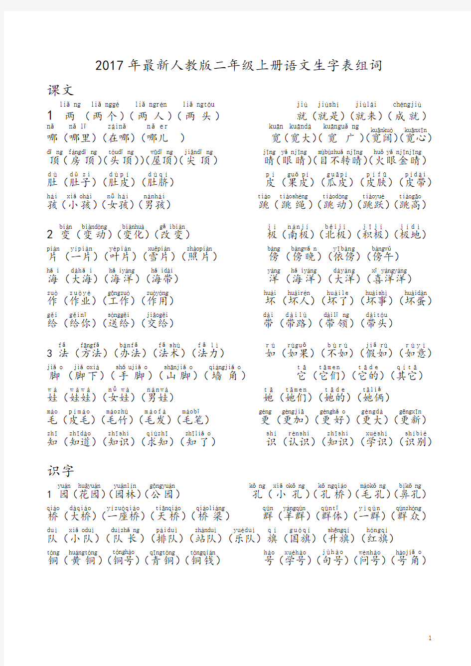 部编版语文二年级上册语文生字表组词注音最全.docx