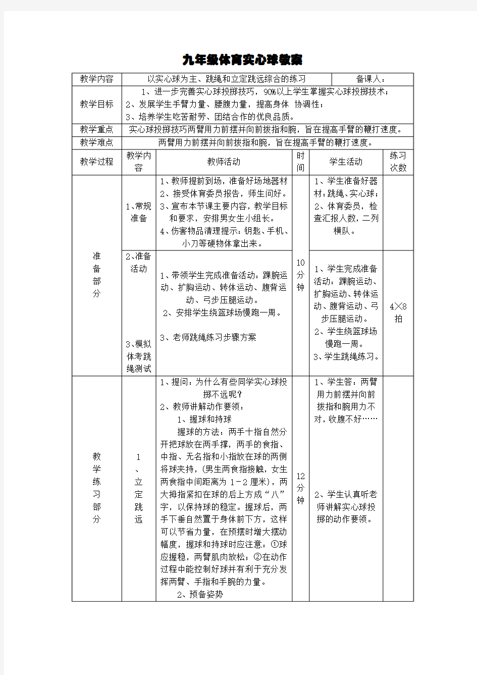 初一年级实心球体育教案