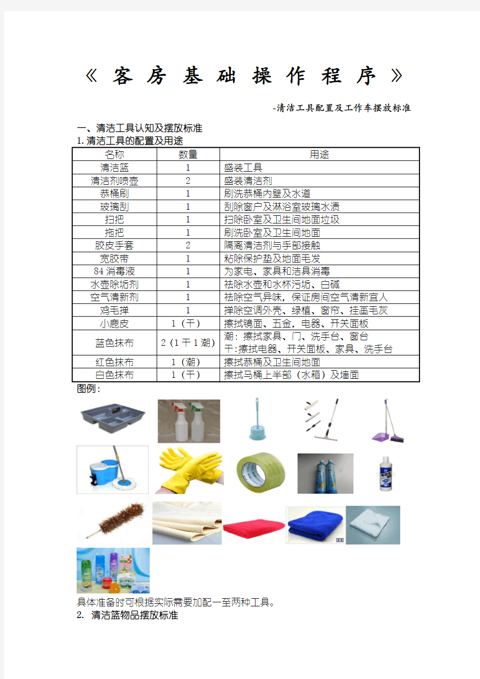 《客房基础操作程序》清洁工具配置及工作车摆放标准