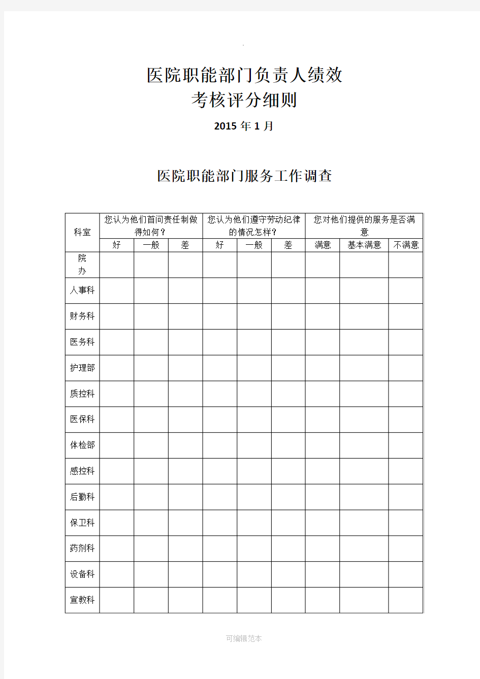 医院职能部门绩效考核方案