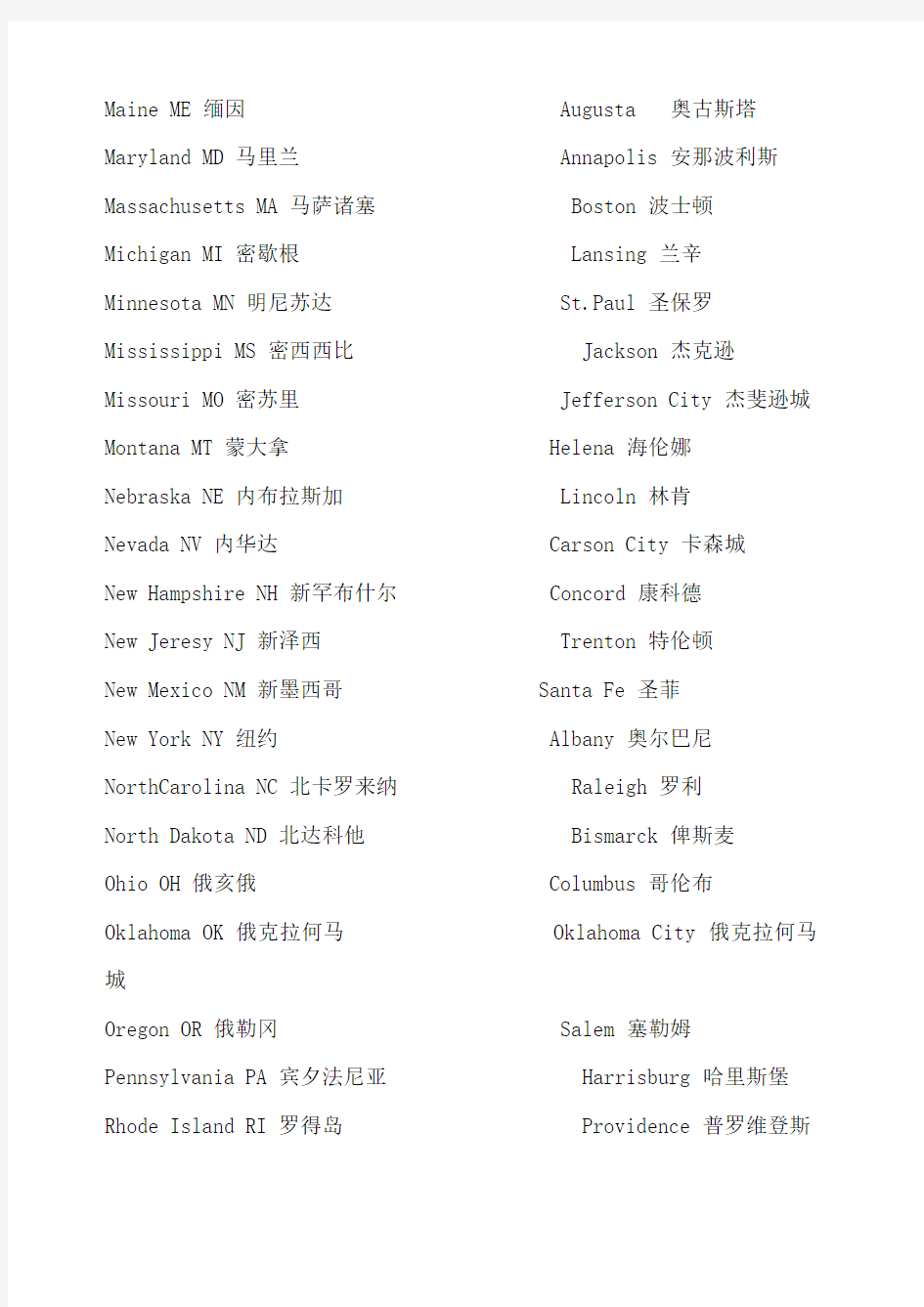 美国各个州的缩写 全称 中文译名及首府