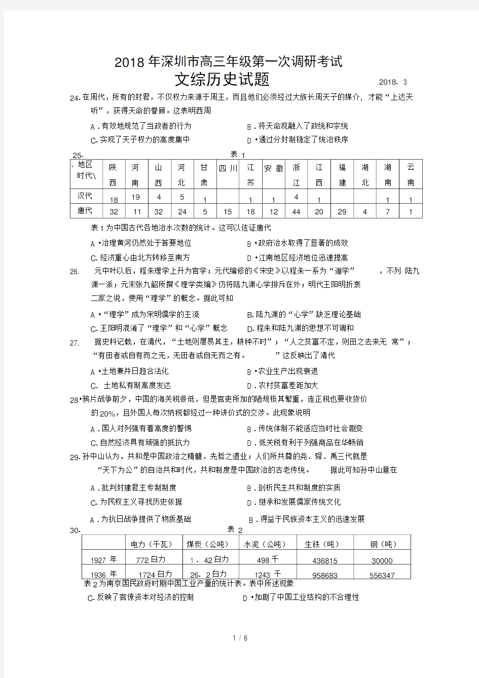 2018届广东省深圳市一模文综历史试题