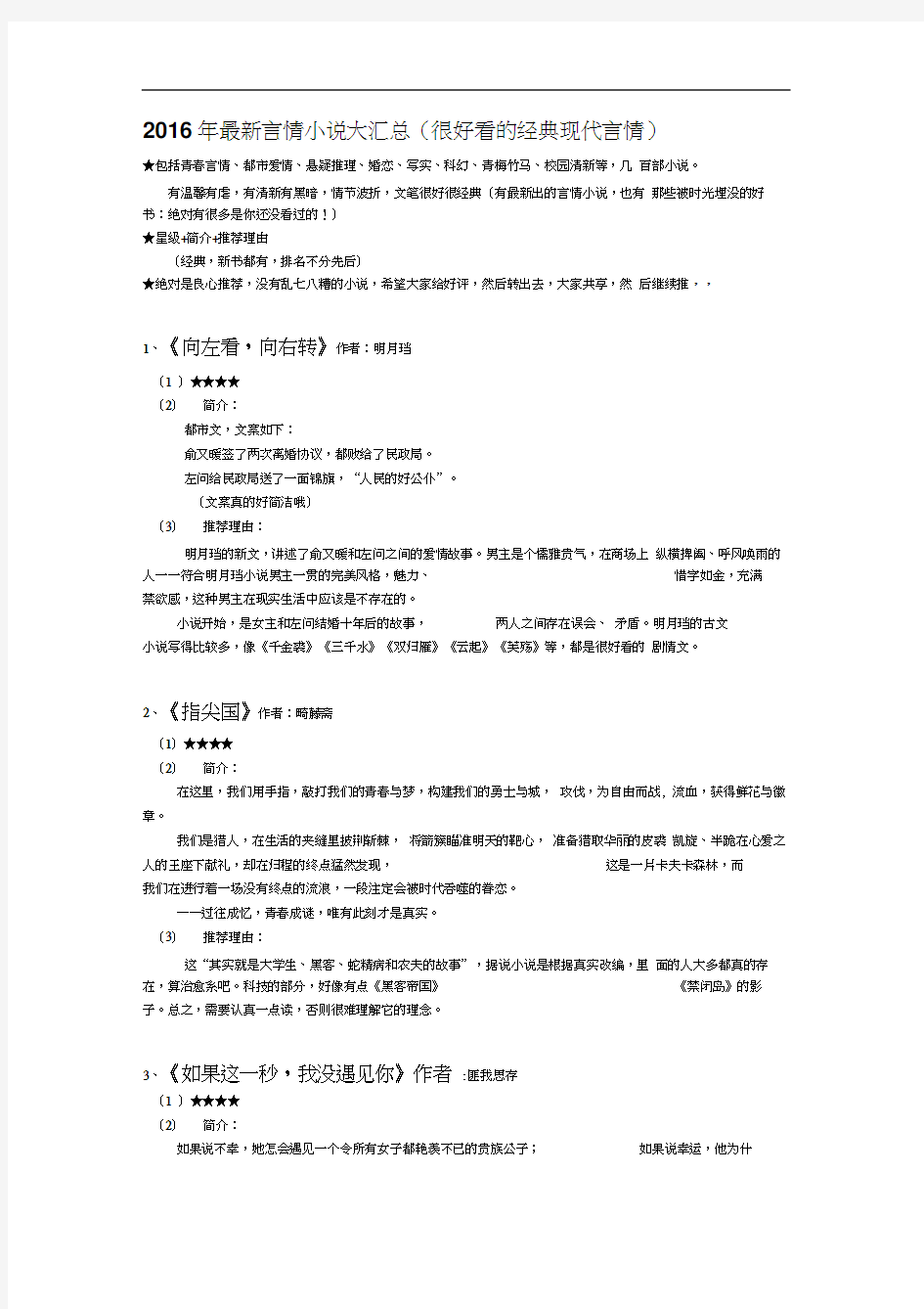 2016年最新言情小说大汇总(经典现言、都市、青春等)