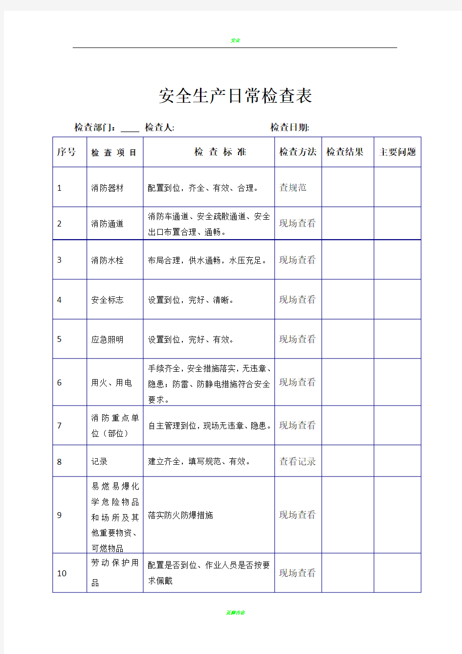 安全生产日常检查表