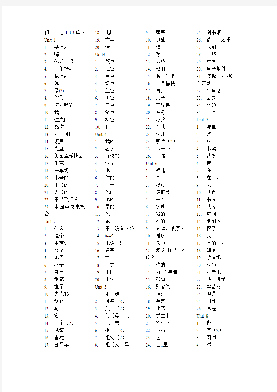 鲁教版六年级英语上下册单词汉意