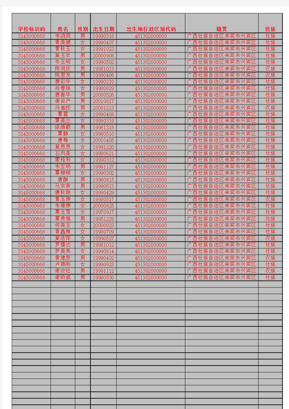 123班段考成绩表