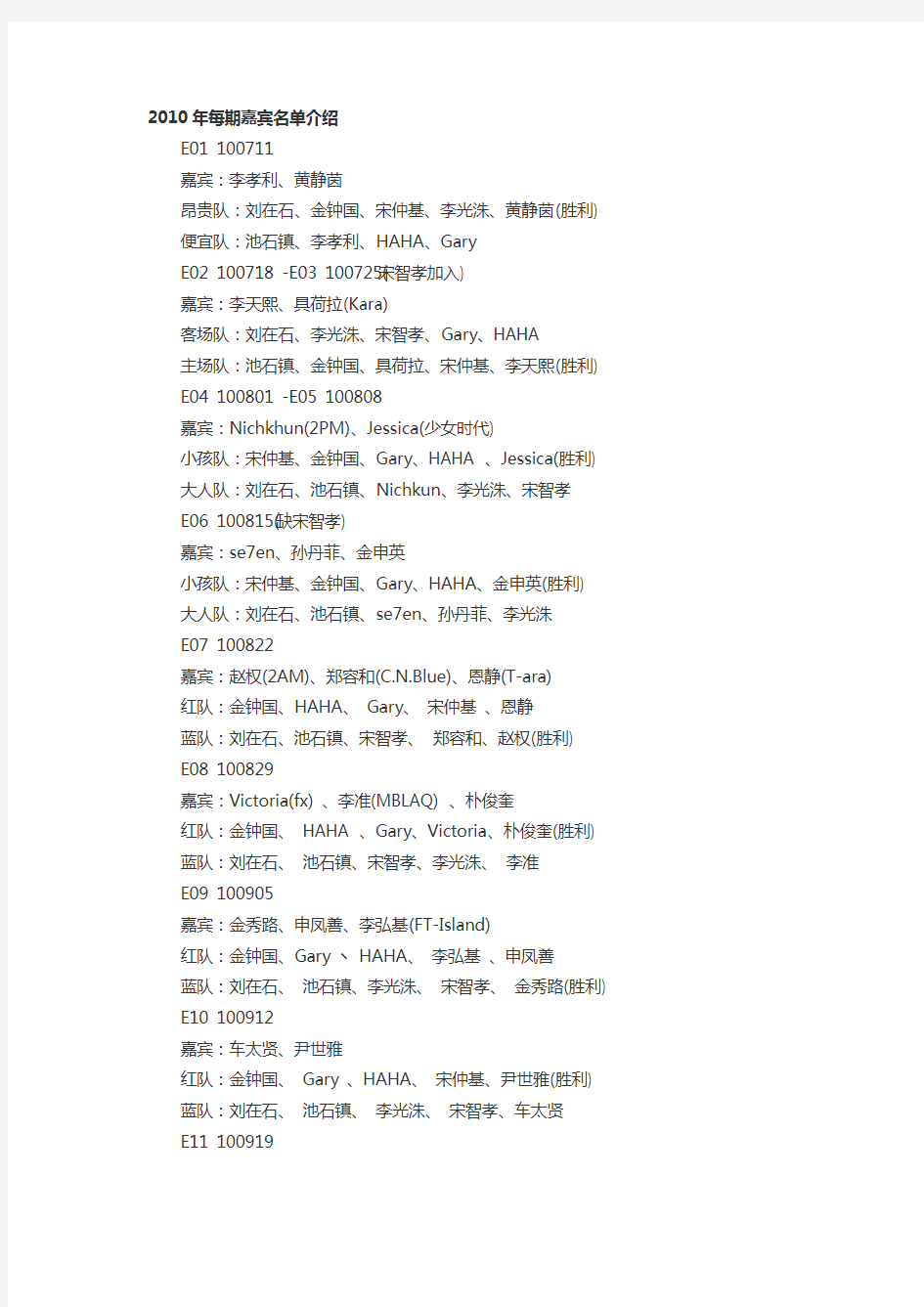 RunningMan2010-2015嘉宾名单