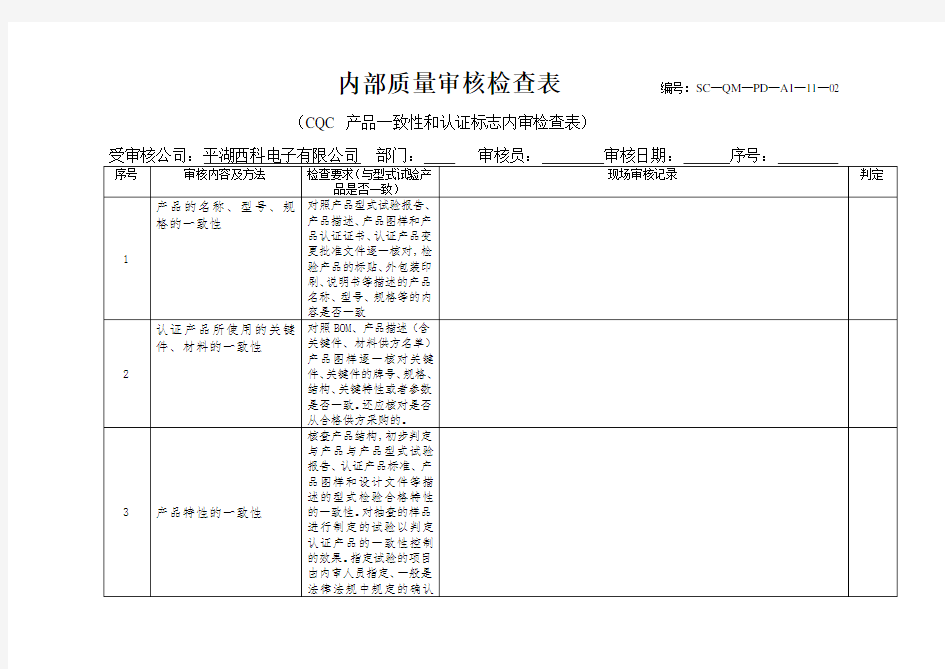 内审检查表(CQC 产品一致性和认证标志内容内审检查表)