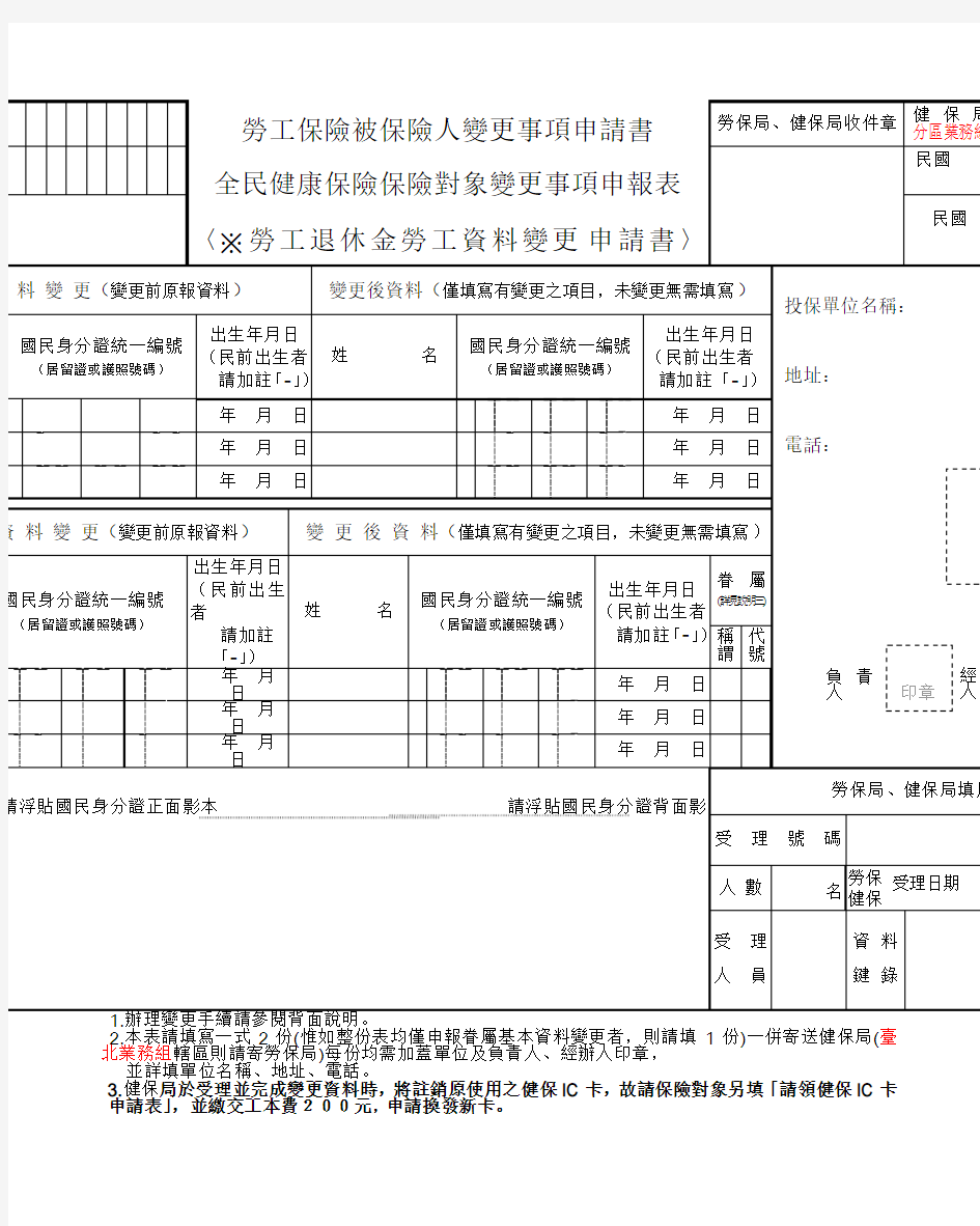 被保险人变更事项申请书(劳保、健保及劳退3合1表格)