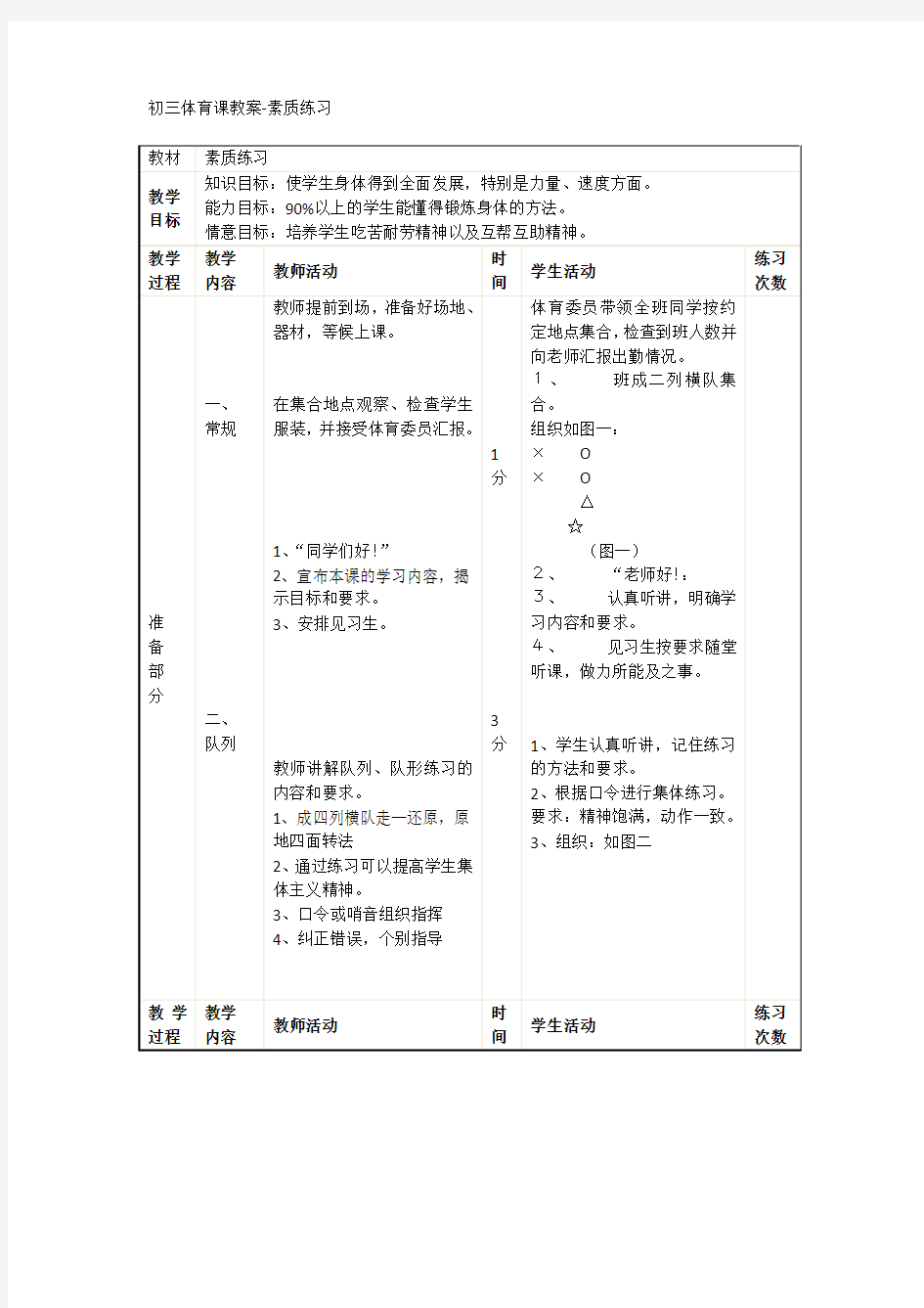 初三体育课教案-素质练习