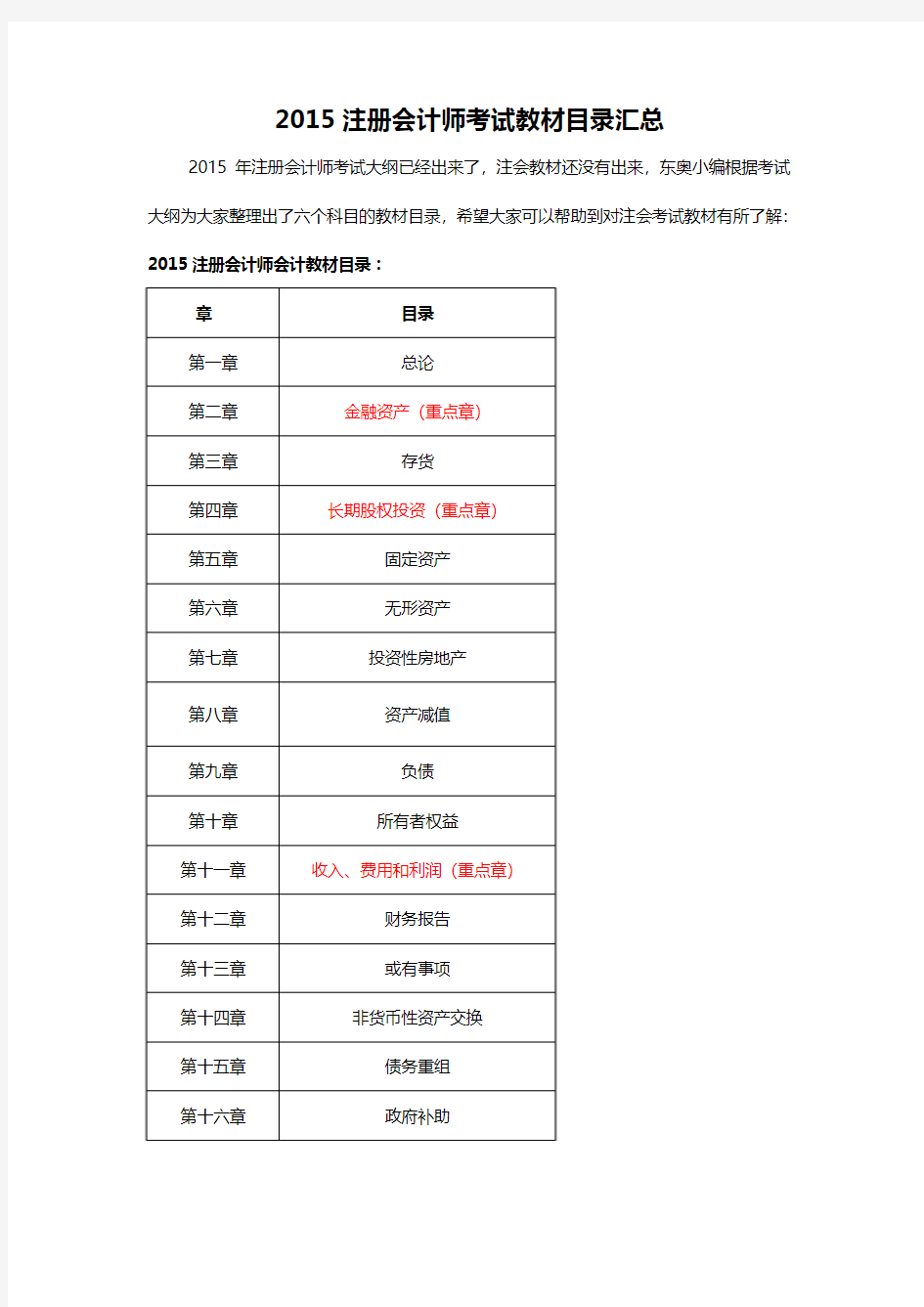 2015注册会计师考试教材目录汇总