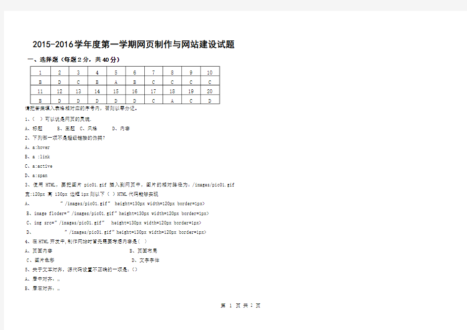 湛江财贸学校网页设计与制作测试题(含答案)