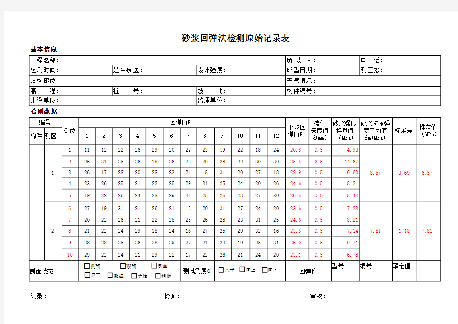 砂浆回弹自动计算表(碳化深度1mm到6mm)