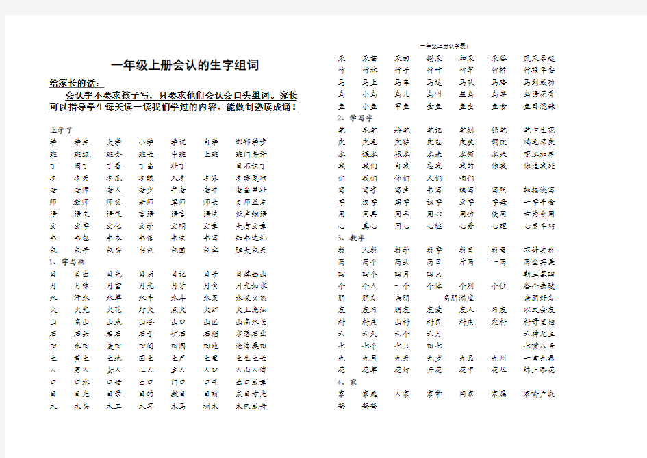 一年级上册会认生字组词