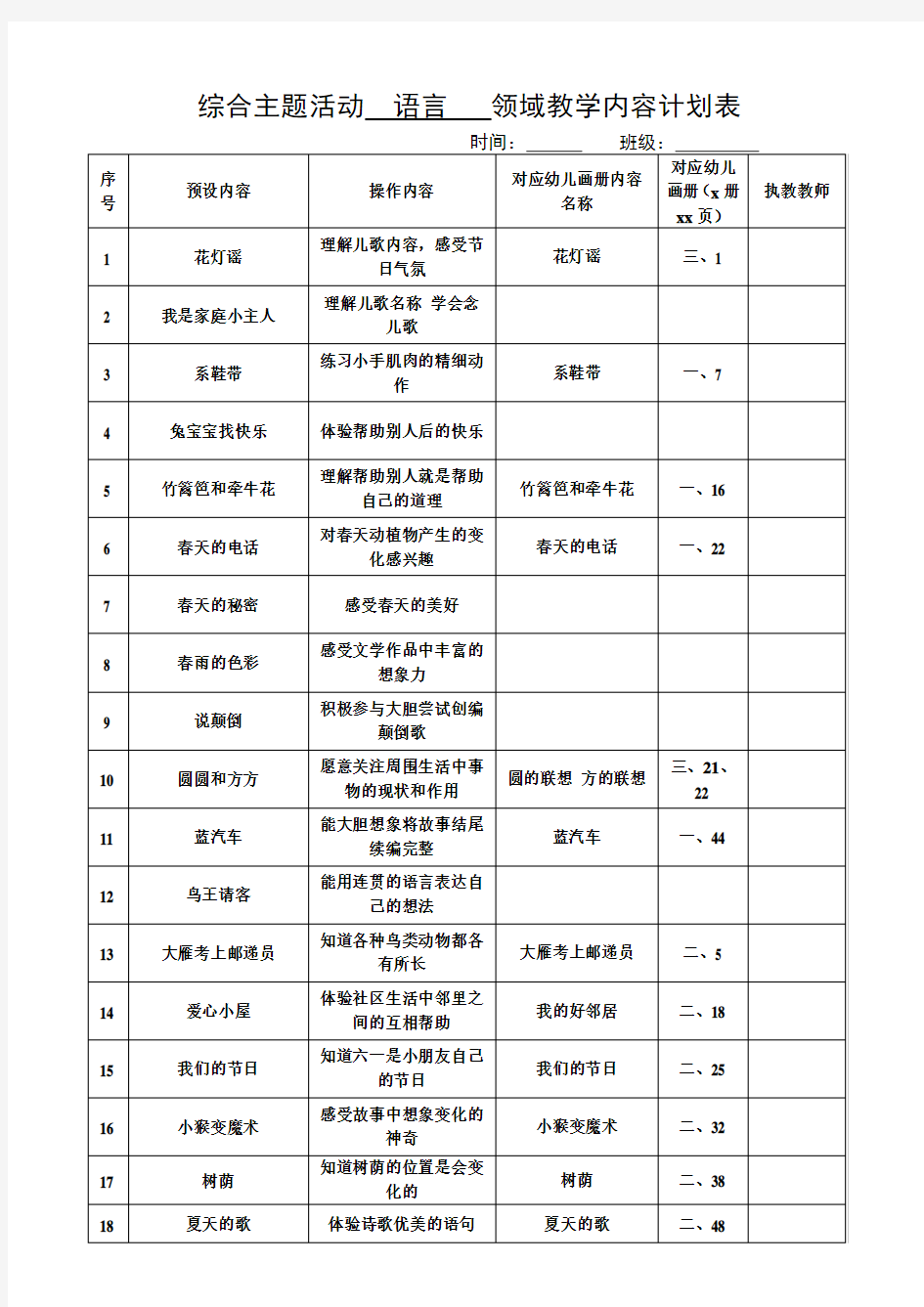 中班五大领域教学计划