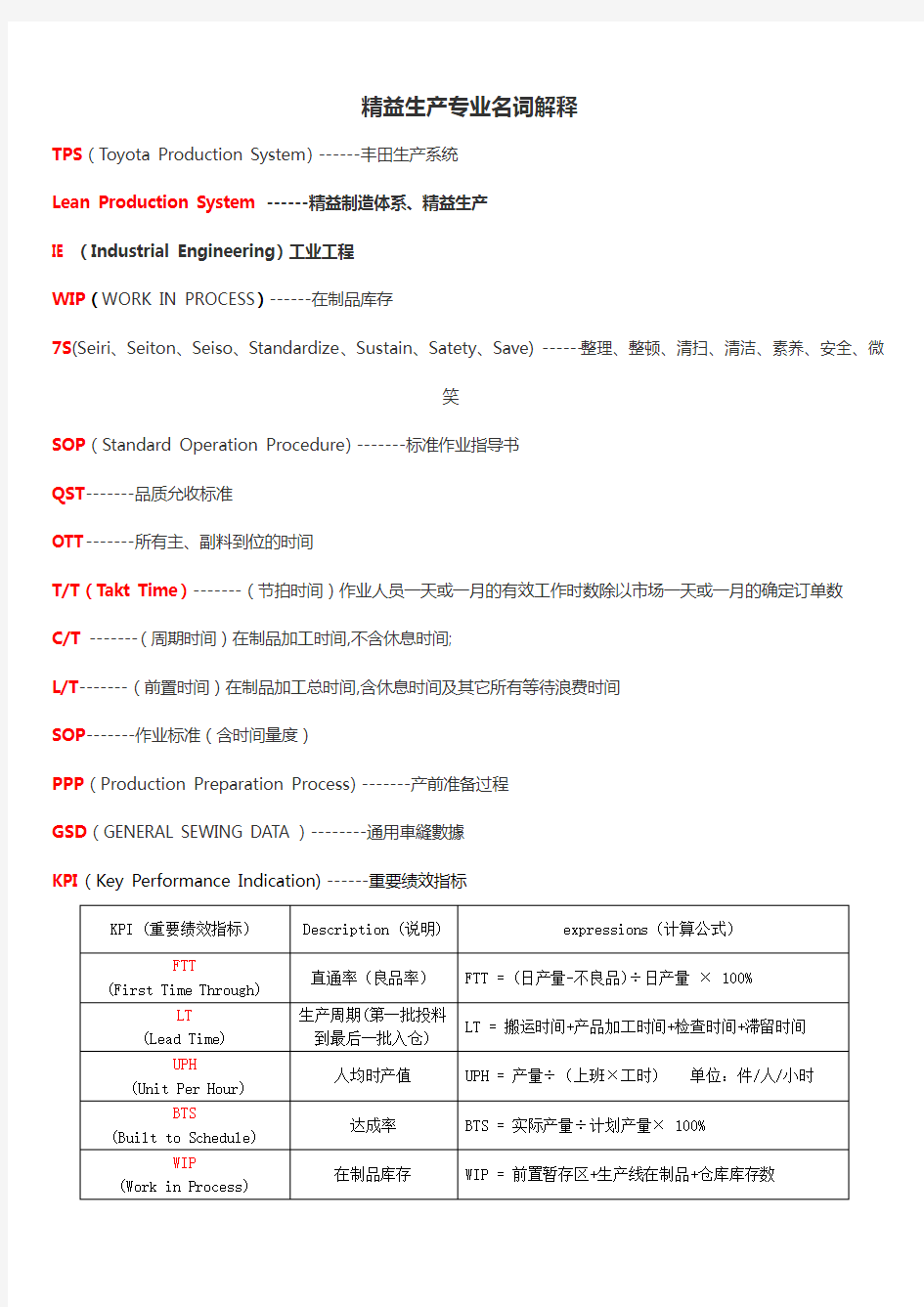 精益生产专业名词解释