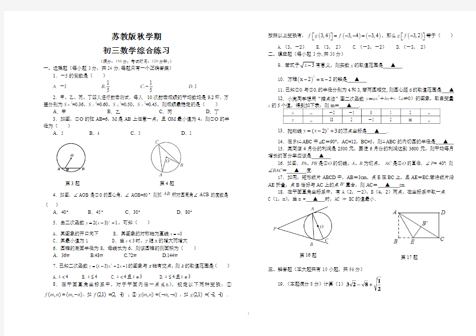 苏教版初三数学综合试卷