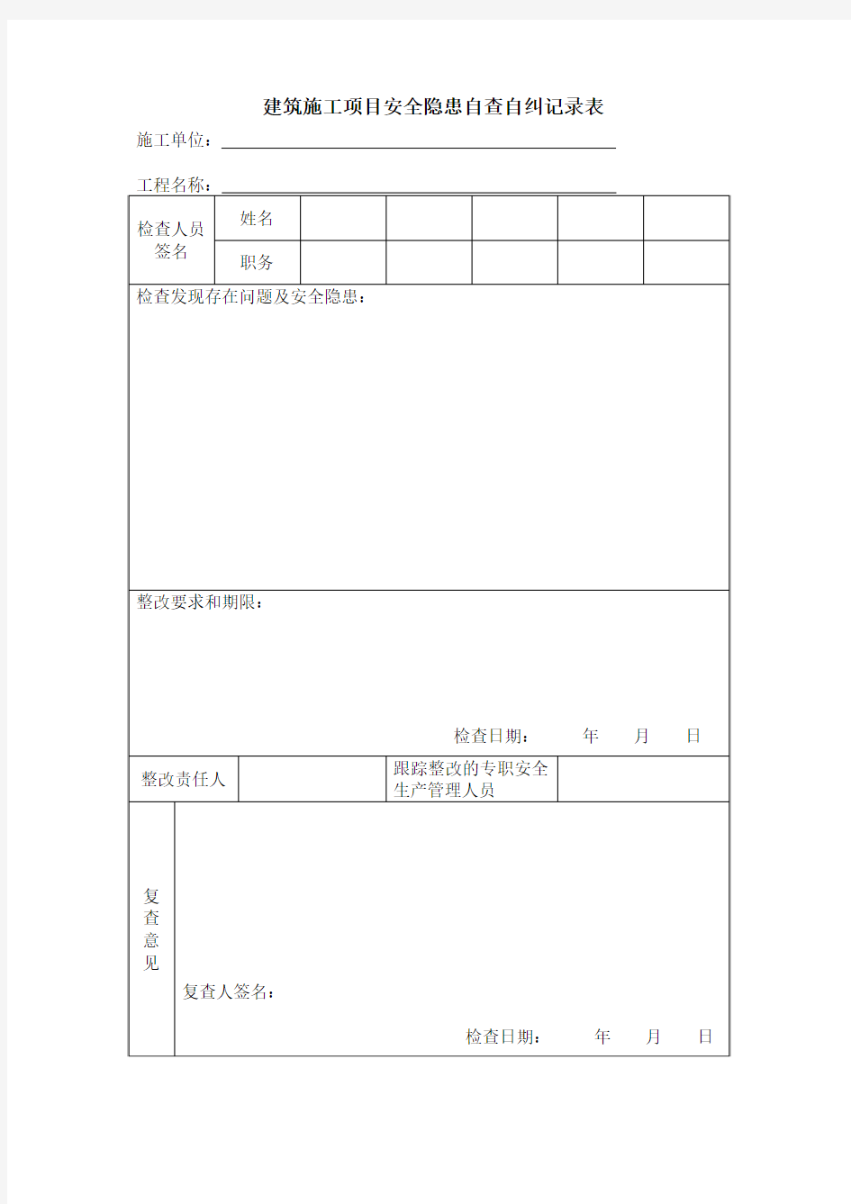 建筑施工项目安全隐患自查自纠记录表