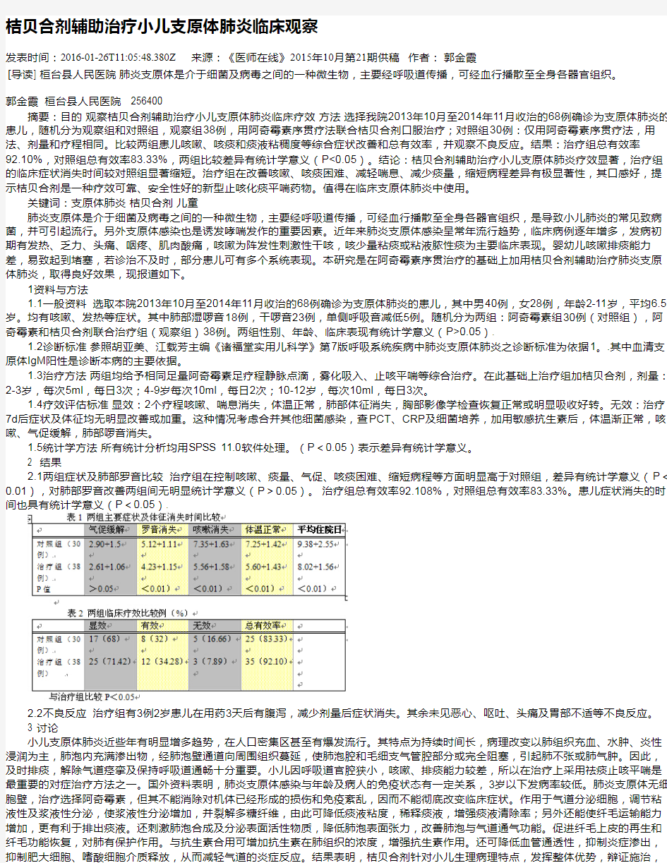 桔贝合剂辅助治疗小儿支原体肺炎临床观察