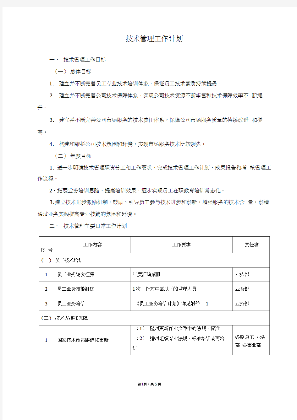 公司技术管理工作计划-工作计划管理