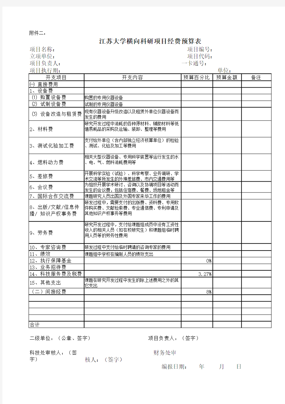 江苏大学横向科研项目经费预算表
