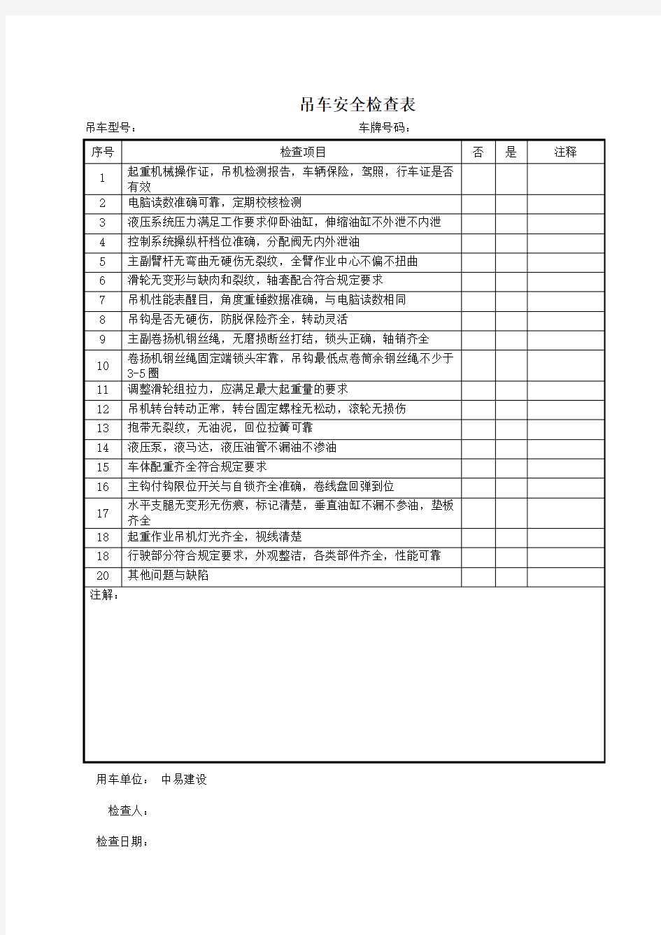 吊车安全检查表