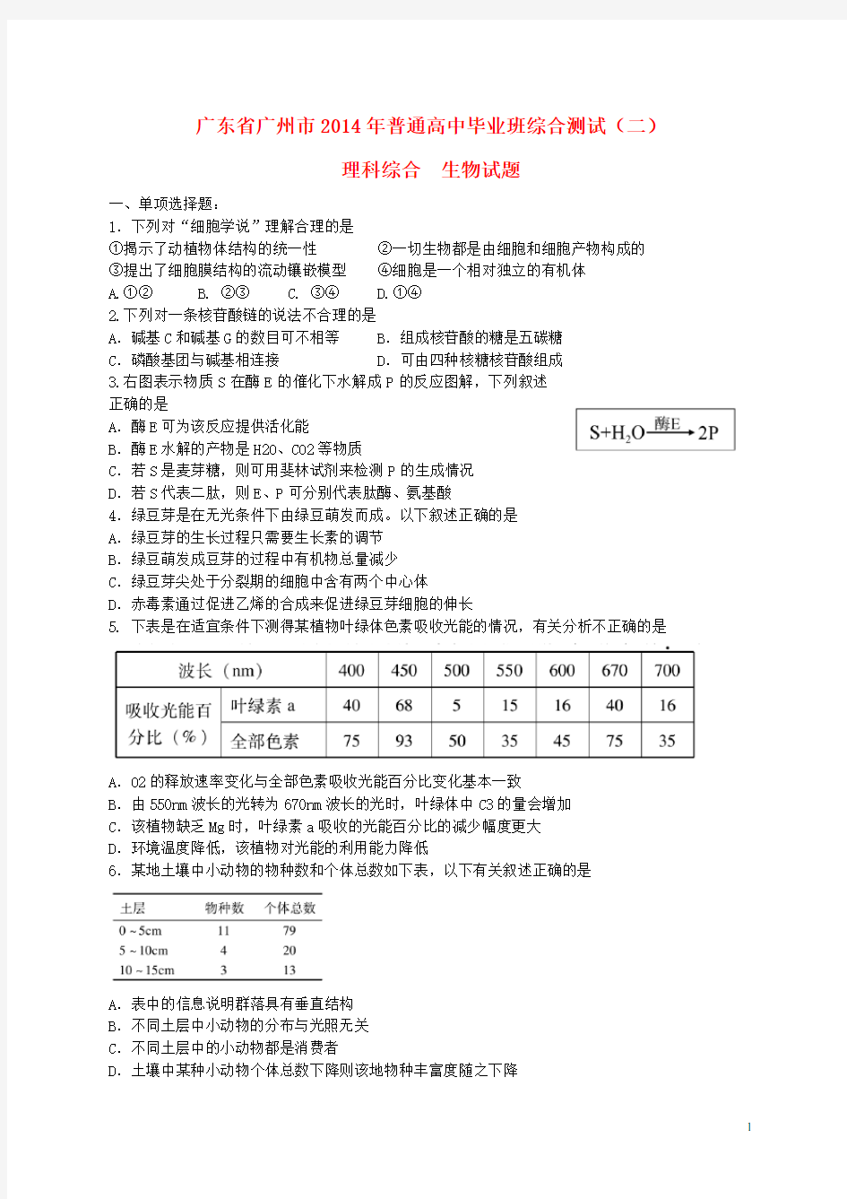 广东省广州市高三理综毕业班综合测试试题(广州二模)